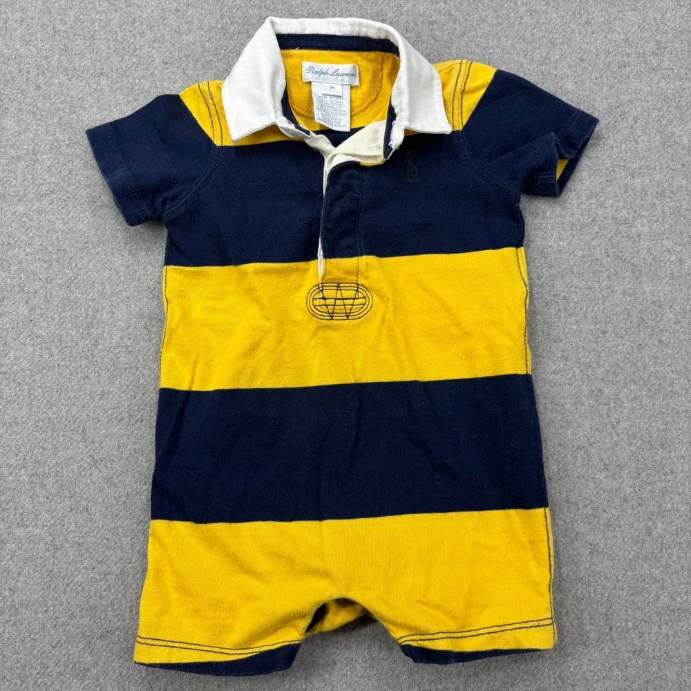 Ralph Lauren Baby Rugby‎ Romper Shortall 3M Yellow Navy Blue Short Sleeve Polo